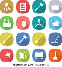 flat vector icon set - share vector, abacus, doctors hammer, pan, repair tools, wireless mouse, drawing pen, steam, spatula, meat, shovel, rake, wheelbarrow, vacuum cleaner, sponge, plunger