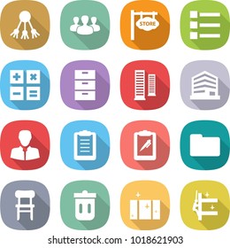 flat vector icon set - share vector, group, store signboard, list, calculator, archive, skyscrapers, office, client, clipboard, pen, documents, chair, trash bin, clean window, cleaning