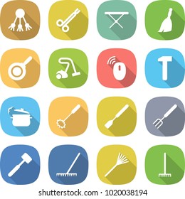 flat vector icon set - share vector, surgical clamp, iron board, broom, pan, vacuum cleaner, wireless mouse, hammer, steam, whisk, spatula, big fork, meat, rake