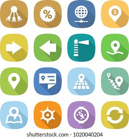 flat vector icon set - share vector, percent, globe connect, dollar pin, right arrow, left, lighthouse, geo, location details, map, route, handwheel, compass, reload