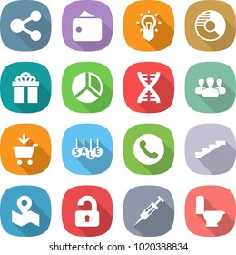 flat vector icon set - share vector, wallet, bulb, circle diagram, gift, dna, group, add to cart, sale, phone, stairs, map, unlocked, syringe, toilet