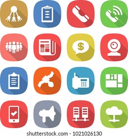 flat vector icon set - share vector, clipboard, phone, call, team, newspaper, money message, web cam, satellite, consolidated cargo, mobile checking, loudspeaker, server, cloud