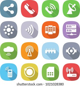 flat vector icon set - share vector, phone, call, satellite antenna, round around, wireless, server, cloud, bridge, connect, mobile, orbit, sim card, router
