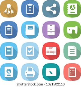 flat vector icon set - share vector, clipboard, annual report, copybook, archive, slum, check, invoice, document, passport, printer, browser window, list