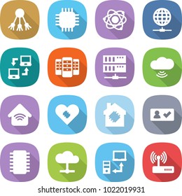 flat vector icon set - share vector, chip, atom, globe connect, notebook, server, cloud wireless, home, pacemaker, smart house, check in, data transfer, router