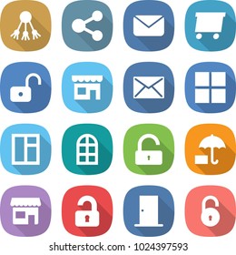 flat vector icon set - share vector, mail, delivery, unlock, shop, window, arch, insurance, unlocked, door
