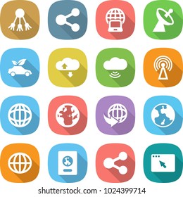 flat vector icon set - share vector, notebook globe, satellite antenna, eco car, cloud service, wireless, delivery, earth, passport, browser window