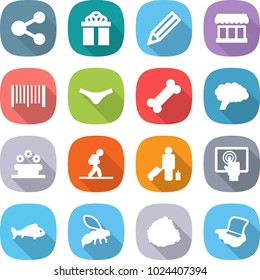 flat vector icon set - share vector, gift, pencil, market, bar code, underpants, bone, brain, flower bed, tourist, passenger, touchscreen, fish, wasp, pile of garbage, floor washing