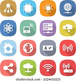 flat vector icon set - share vector, chip, globe connect, atom, notebook wireless, server, cloud service, smart house, check in, router