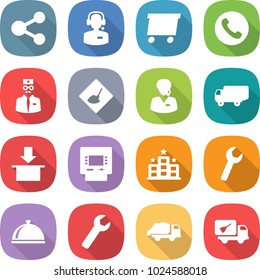 flat vector icon set - share vector, call center, delivery, phone, doctor, under construction, support manager, shipping, package, atm, hotel, wrench, meal cap, trash truck, home cleaning