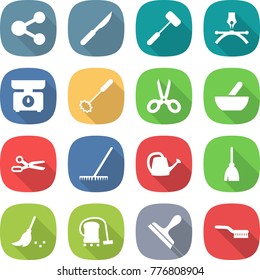 flat vector icon set - share vector, scalpel, doctors hammer, drawing pen, kitchen scales, whisk, scissors, mortar, rake, watering can, broom, vacuum cleaner, scraper, brush