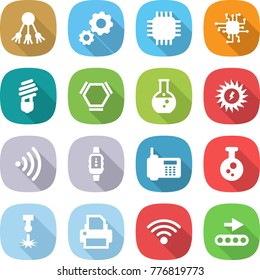 flat vector icon set - share vector, gear, chip, bulb, hex molecule, round flask, sun power, wireless, smart watch, phone, chemical, laser, printer, conveyor
