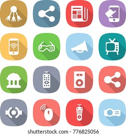 flat vector icon set - share vector, newspaper, touch, phone wireless, smart glasses, loudspeaker, tv, goverment house, remote control, speaker, connect, mouse, projector