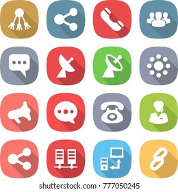 flat vector icon set - share vector, phone, group, message, satellite antenna, round around, megafon, balloon, support manager, server, data transfer, link