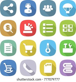 flat vector icon set - share vector, call center, group, parachute, dollar arrow, cashbox, list, panel house, document, cart, thermometer, repair tools, rocking chair, phone, sd card, towel