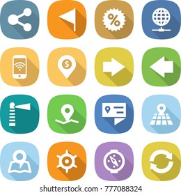 flat vector icon set - share vector, flag, percent, globe connect, phone wireless, dollar pin, right arrow, left, lighthouse, geo, location details, map, handwheel, compass, reload