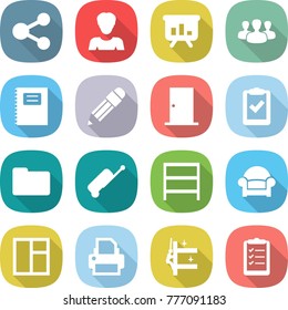 flat vector icon set - share vector, woman, presentation, group, copybook, pencil, door, clipboard check, documents, suitcase, rack, armchair, window, printer, skyscrapers cleaning, list