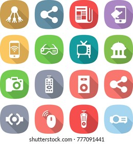 flat vector icon set - share vector, newspaper, touch, phone wireless, smart glasses, tv, goverment house, camera, remote control, speaker, connect, mouse, projector