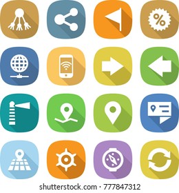flat vector icon set - share vector, flag, percent, globe connect, phone wireless, right arrow, left, lighthouse, geo pin, location details, map, handwheel, compass, reload