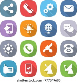 flat vector icon set - share vector, phone, gear, mail, touch, chip, globe connect, discussion, round around, satellite, mobile checking, antenna