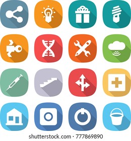 flat vector icon set - share vector, bulb, gift, satellite, dna, pencil wrench, cloud wireless, syringe, stairs, route, first aid, home, ring button, on off, bucket