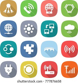 flat vector icon set - share vector, call, notebook globe, hex molecule, connect, round around, cloud wireless, quantum bond, puzzle, bridge, plug, orbit, router, antenna signal