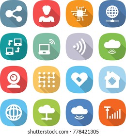 flat vector icon set - share vector, woman, chip, globe connect, notebook, wireless, cloud, web cam, pacemaker, smart house, service, antenna signal