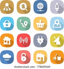 flat vector icon set - share vector, dollar arrow, globe connect, smart watch, add to basket, route, map, home, wireless, plug, satellite antenna, cloud service, unlock, house, bucket and broom