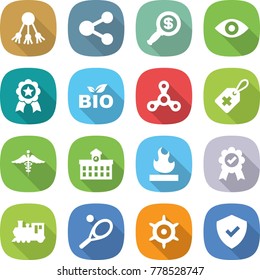 flat vector icon set - share vector, dollar magnifier, eye, medal, bio, spinner, medical label, ambulance sign, university, flammable, train, tennis, handwheel, shield