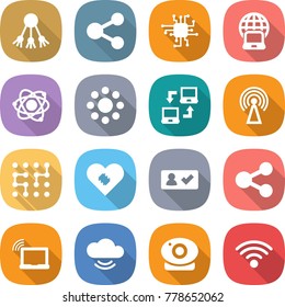flat vector icon set - share vector, chip, notebook globe, atom, round around, connect, antenna, pacemaker, check in, laptop wifi, cloud service, web camera, wireless