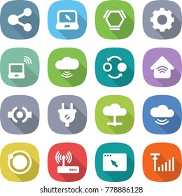 flat vector icon set - share vector, notebook, hex molecule, gear, wireless, cloud, quantum bond, home, connect, plug, service, orbit, router, browser window, antenna signal