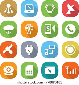 flat vector icon set - share vector, notebook, hex molecule, satellite antenna, cloud wireless, mobile pay, phone, plug, data transfer, orbit, web camera, sim card, browser window, signal