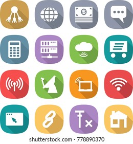 flat vector icon set - share vector, globe, money, message, calculator, server, cloud wireless, delivery, satellite antenna, laptop wifi, browser window, link, no signal, house