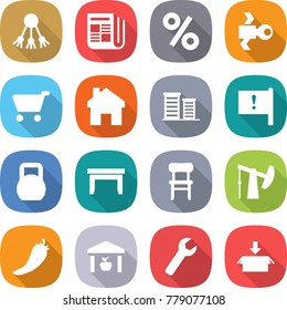 flat vector icon set - share vector, newspaper, percent, satellite, cart, home, district, important flag, heavy, table, chair, oil pump, hot pepper, warehouse, wrench, package