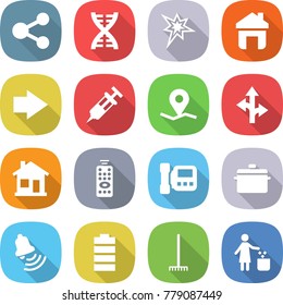 flat vector icon set - share vector, dna, bang, home, right arrow, syringe, geo pin, route, remote control, intercome, pan, bell, battery, rake, garbage bin
