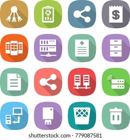 flat vector icon set - share vector, report, receipt, server, recipe, archive, document, data transfer, usb flash, trash bin