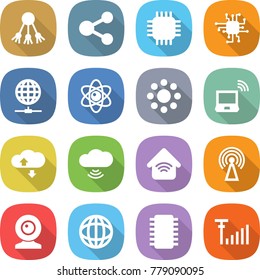 flat vector icon set - share vector, chip, globe connect, atom, round around, notebook wireless, cloud service, home, antenna, web cam, signal