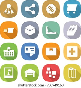 flat vector icon set - share vector, percent, delivery, box, ruler, brick, university, location details, package, first aid, photo, garage, blocks, paper towel