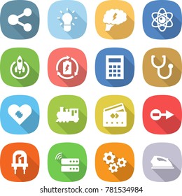 flat vector icon set - share vector, bulb, brain, atom, rocket, battery charge, calculator, stethoscope, pacemaker, train, credit card, electron, led, server, gears, iron