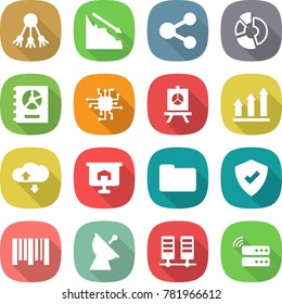 flat vector icon set - share vector, crisis, circle diagram, annual report, chip, presentation, graph up, cloud service, documents, protected, bar code, satellite antenna, server