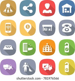 flat vector icon set - share vector, woman, warehouse, phone wireless, dollar pin, gas station, taxi, hotel, do not distrub, sweeper, brooming, home call cleaning