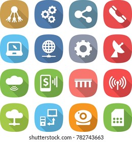 flat vector icon set - share vector, gear, phone, notebook, globe connect, satellite antenna, cloud wireless, mobile pay, bridge, data transfer, web camera, sim card