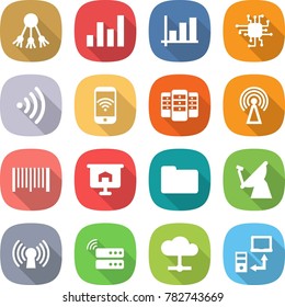 flat vector icon set - share vector, graph, chip, wireless, phone, server, antenna, bar code, presentation, documents, satellite, cloud, data transfer