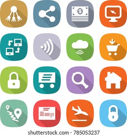 flat vector icon set - share vector, money, monitor arrow, notebook connect, wireless, cloud, add to cart, lock, delivery, magnifier, home, route, invoice, arrival
