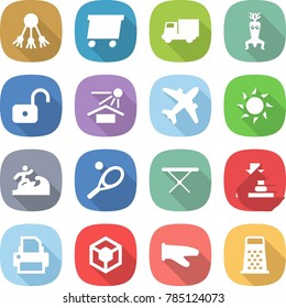 flat vector icon set - share vector, delivery, truck, dna modify, unlock, sun potection, airplane, surfer, tennis, iron board, press, printer, 3d, cook glove, grater