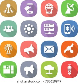 flat vector icon set - share vector, touch, notebook globe, satellite antenna, group, round around, server, phone pay, megafon, mail, consolidated cargo, loudspeaker, cloud, remote control