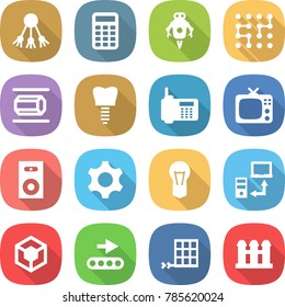 flat vector icon set - share vector, calculator, jet robot, chip, nano tube, tooth implant, phone, tv, speaker, gear, bulb, data transfer, 3d, conveyor, solar panel, grain elevator