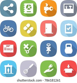 flat vector icon set - share vector, annual report, satellite, tools, bike, pill, door, clipboard check, invoice, do not trolley sign, hook, heavy, detector, whisk, hand leaf, package
