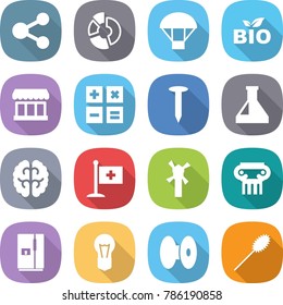 flat vector icon set - share vector, circle diagram, parachute, bio, market, calculator, nail, flask, brain, medical flag, windmill, antique column, fridge, bulb, coil, duster