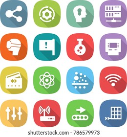 flat vector icon set - share vector, around gear, bulb head, server, virtual mask, important flag, chemical, atm, credit card, atom, filter, wireless, setup, router, conveyor, solar panel